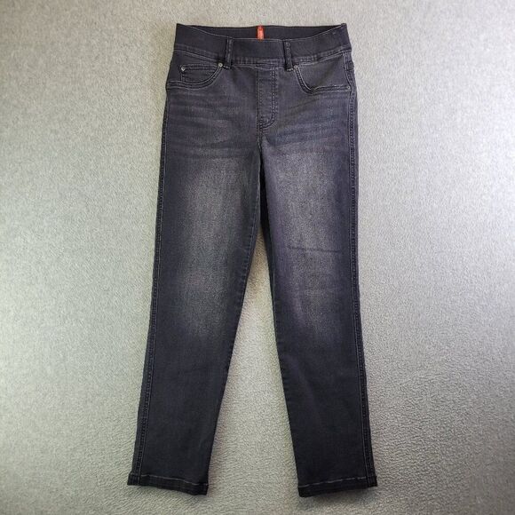 Spanx Jeans Womens SP Black Straight Leg Mid Rise Pull On Slimming Whiskered - Picture 1 of 15